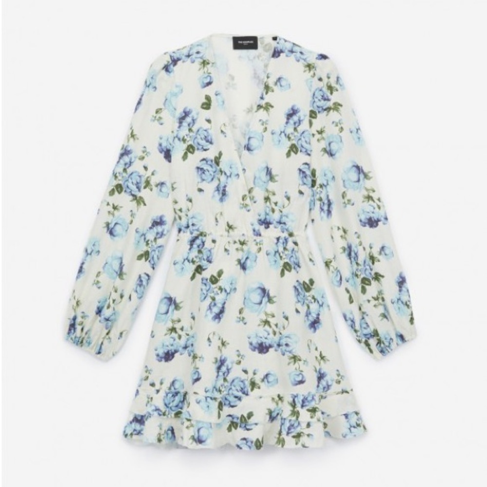 The Kooples / ivory blue rose linen long sleeve Floral Dress Size 2 (small)